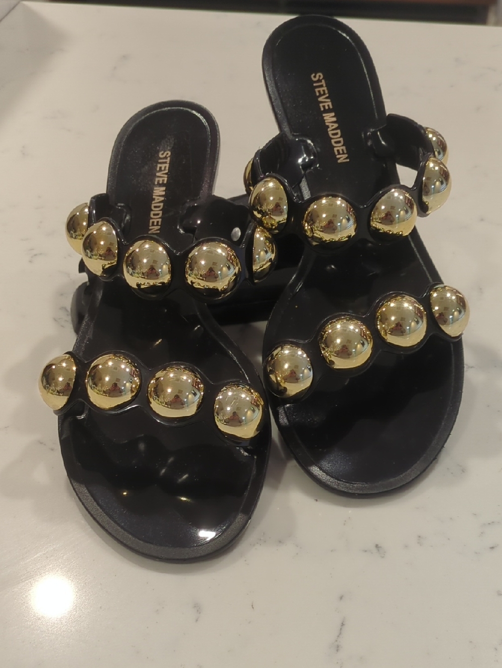 Steve Madden Chrishelle Black Slides with Gold Dome Studs USA Size 8